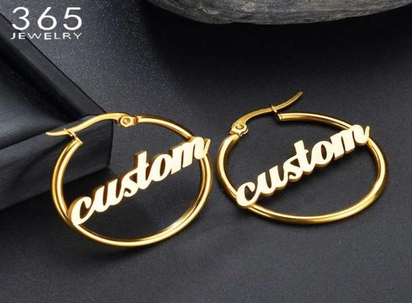 

1 pair hiphop stainless steel custom name earrings women personalized big nameplate handmade circle oorbellen party gifts2071981, Golden;silver