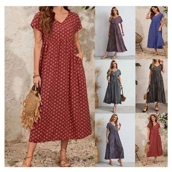 

summer v neck printed short sleeve dress, Black;gray