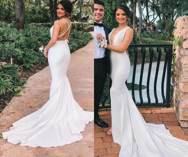 

simple beach mermaid deep v neck wedding dress criss cross backless satin wedding gowns bridal gown custom vestios de novia3746002, White