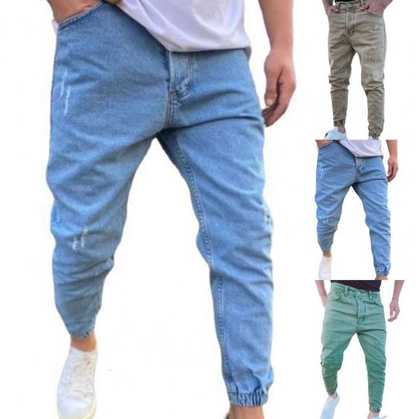

mens jeans autumn slim fit pure color casual elastic waist jeans beam foot trousers streetwear jogger denim pants male 230712, Blue