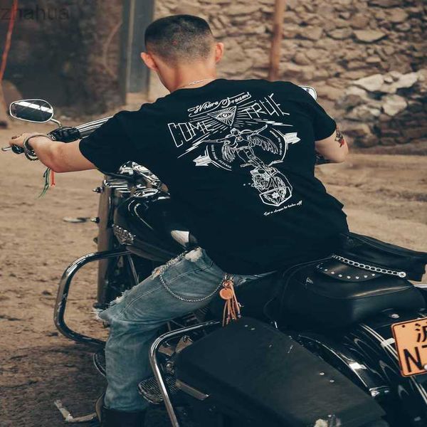

european and american style skull head motorcycle street west coast motorcycle rider moto pure cotton short sleeve t-shirt stylish male, White;black