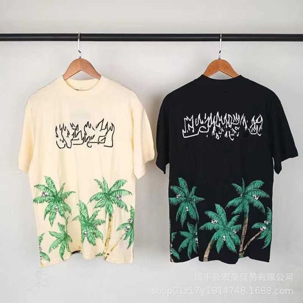 

2023s summer high street fashion brand coconut tree skull print short sleeve loose fitting men's casual t-shirt round neck couple half, White;black