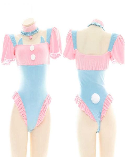 

cosplay wigs lolita blue pink puff sleeve bodysuit cute cat ears ruffle swimwear japanese school girl cosplay sukumizu maid unifor5694186, Black