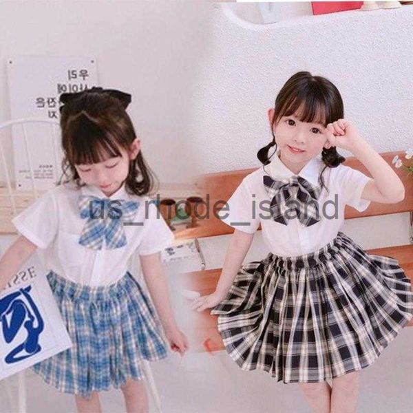 

t-shirts clothing sets japanese school girls uniforms summer anime short sleeve button t-shirt with bow knot plaid skirt for kids jk suits 2, Blue