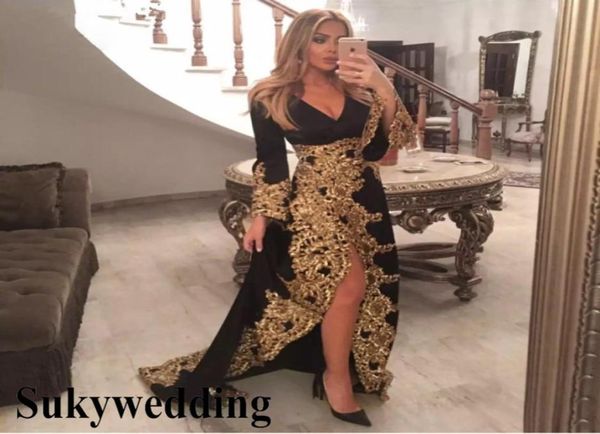 

elegant black evening dresses with gold lace applique long sleeves dubai prom formal dress vneck side split saudi arabic pag9615676, Black;red
