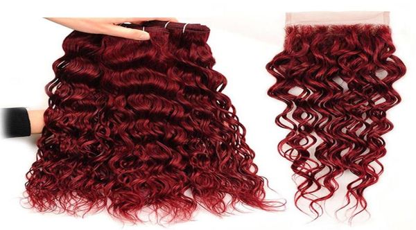 

99j burgundy malaysian water wave human hair 3 bundles with 4x4 lace closure 4pcs wine red mink wet and wavy virgin hair weave7552174, Black;brown