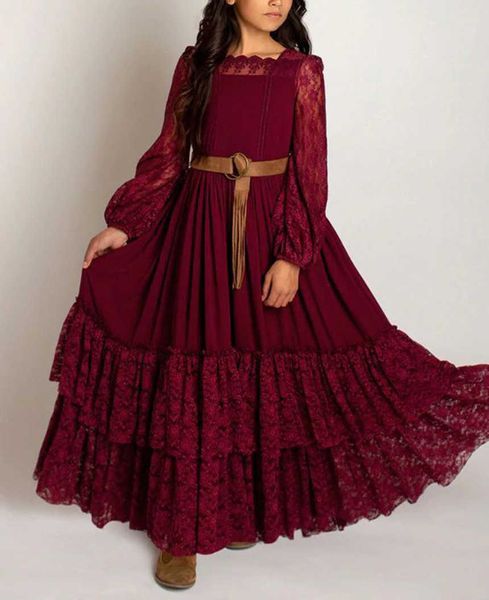 

girl's dresses christmas solid long sleeve hollow lace girl's long dress party show piano performance dress youth school prom dres, Red;yellow