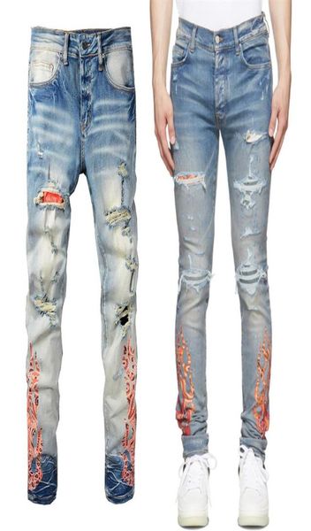 

flame jeans graphic patches fading whiskering distressing five pockets slim fit leg denim trousers332u4766388, Blue