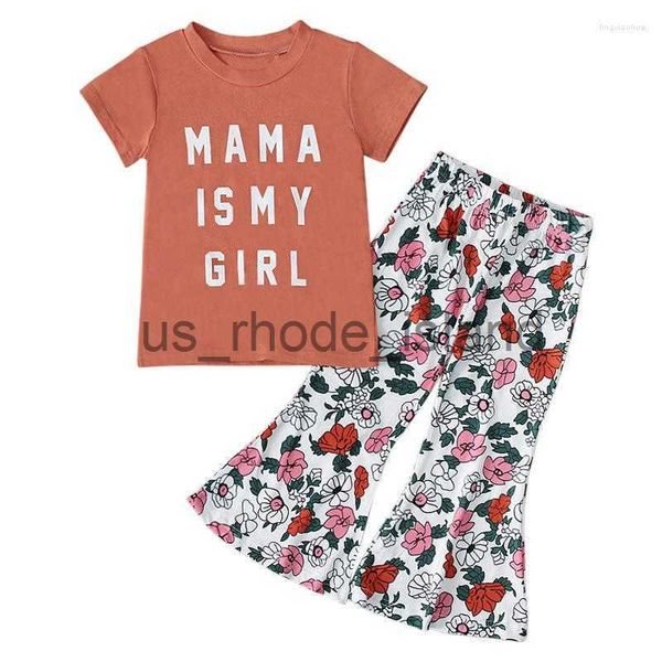 

t-shirts clothing sets summer girl set letter print t-shirt flare bottom pants suits for kids children clothes x0714, Blue