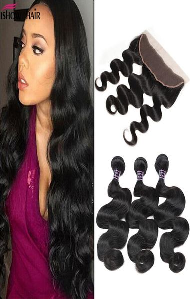 

8a brazilian body wave human hair wefts 3bundles with 13x25 lace frontal ear to ear full head natural color hair bundles9234727, Black