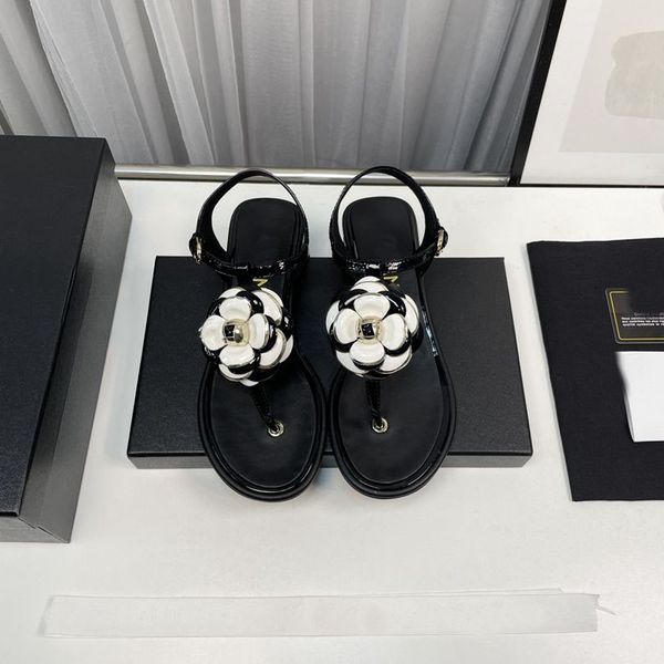 

luxury brand camellia womens flat heel sandals summer ladies real leather buckle strap shoes size 35-42, Black