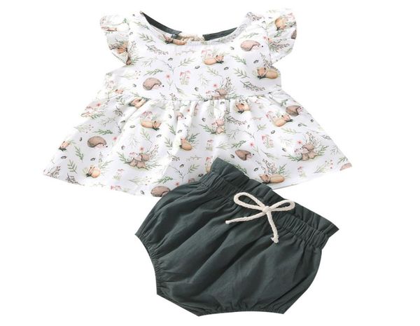 

baby girls cartoon sets sleeveless vest ruffle infant printed outfits solid pants toddler baby pp shorts kids casual clothes 1134866, White