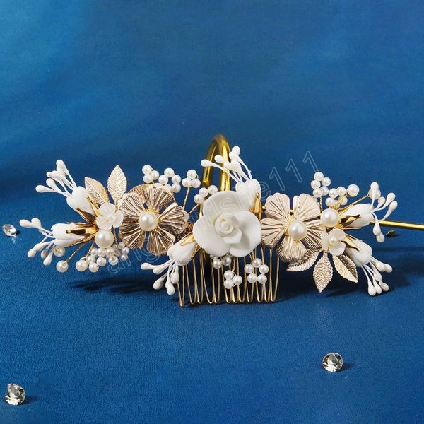 

charm hair comb wedding tiaras for women pearl crystal floral hairpin girls bang side pins golden bride hair jewelry accessories, Slivery;white