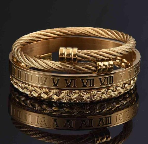 

roman bracelet 3 piecesset men039s digital bracelet handmade stainless steel twine buckle open bracelet luxury jewelry1231604, Golden;silver