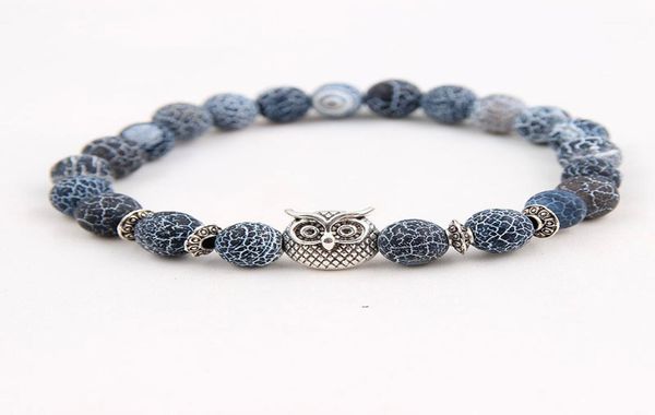 

silver plated animal owl head bracelet with natural black lava rock stone energy men beaded bracelets for women4570293