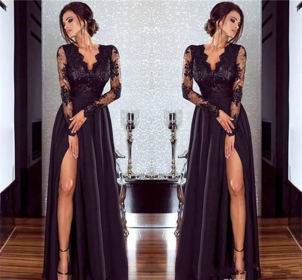 

modest black prom dress new deep v neck side split long sleeve formal holidays wear graduation evening party gown custom made plus1471777, Black;red