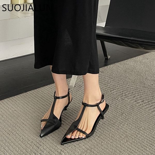 

sandals suojialun summer brand women sandal fashion pointed toe hollow out ladies elegant sandal thin low heel dress pumps 230714, Black