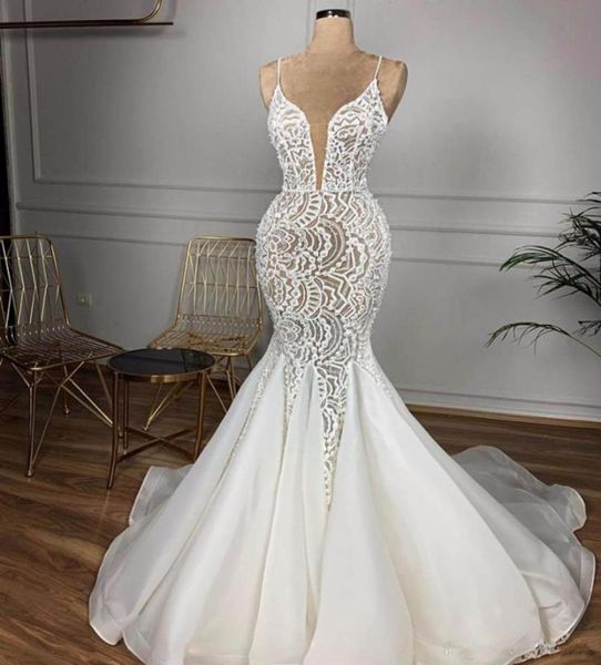 

full lace spahetti mermaid wedding dresses vintage open back sweetheart bihemian bridal gown vestido de novia3560571, White