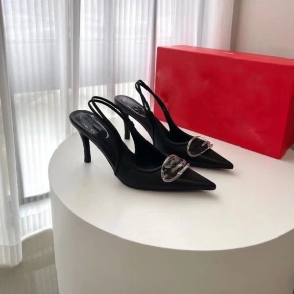 

celebrity pointed shallow 2023 summer new high-heeled shoes mouth stiletto metal buckle denim back empty single shoes women, Black