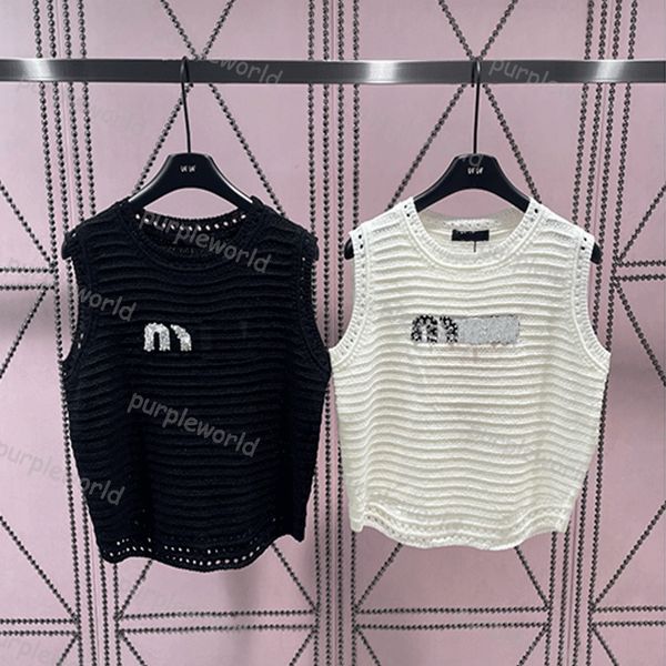 

womens designer t shirt knit rhinestone letters three dimensional wavy cutout lace edge crop stretch sleeveless vest, White