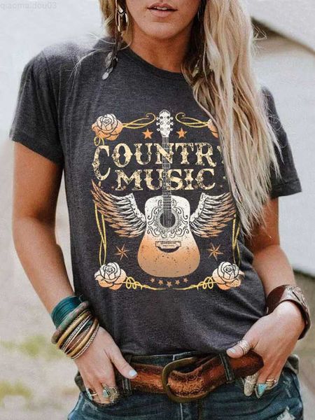 

women's t-shirt women vintage graphic tees fashion country music letter t-shirt funny floral guitar print t shirts short sleeve vacatio, White