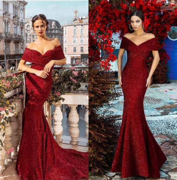 

2020 sparkly red evening dresses with glitter beads off the shoulder mermaid prom dress custom made plus size formal occasion gown5641329, Black;red
