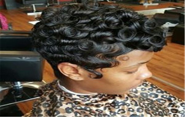

100 human hair short curly black pixie cut wigs for women machine made real none lace front wig3158368, Black;brown