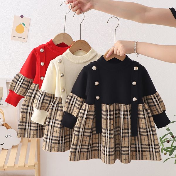 

Autumn Children's Sweater Dress Girls Plaid Skirt Baby Pullover Girls Dresses European and American Style Knit Dress 2-7Y, Black
