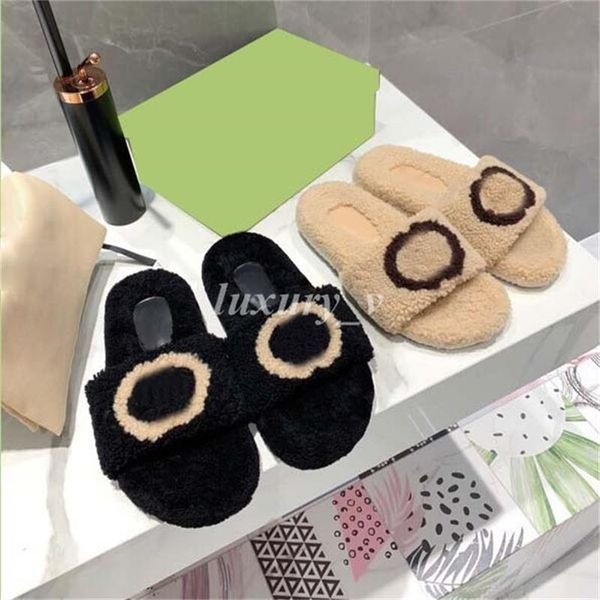

designer fur slippers women plush slides black beige furry scuffs winter warm interlocking slides furry platform sandals