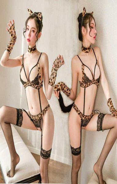 

set leopard print lingerie cat girl uniform allure role playing cosplay costume fashion band nice start erotic bodysuits610454330214, Black;white