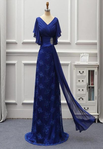 

new arrivals elegant royal blue mother of the bride dresses chiffon and lace short sleeves vneck ruffles floorlength evening dre2432312, Black;red