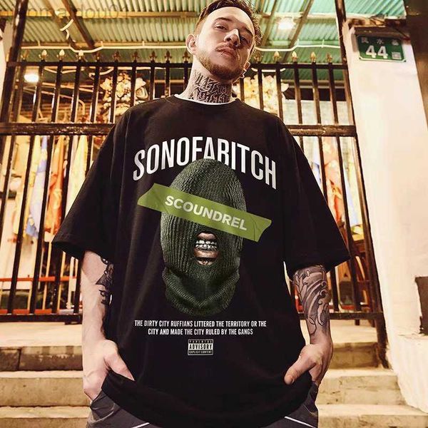 

men's t-shirts oversized t shirt mens streetwear fashion hood gangster graphic t-shirts casual o neck short sleeve loose men tee summer, White;black