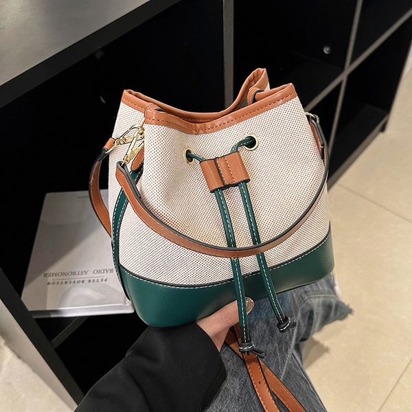 

female shoulder bag quality canvas+pu ladies drawstring handbag chic women bucket crossbody bags