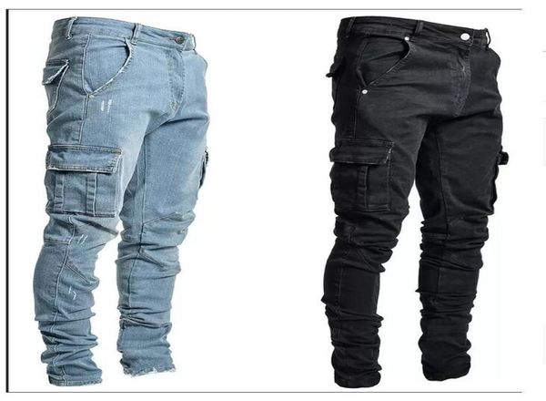 

jeans male pants casual cotton denim trousers multi pocket cargo men fashion style pencil side pockets7806543, Blue
