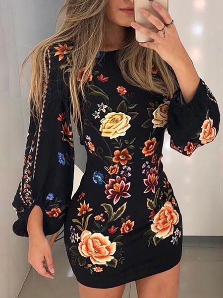 

urban dresse cutout back bishop sleeve floral bodycon dress ladies printed summer holiday skinny mini robe de femme streetwear 230714, White;black
