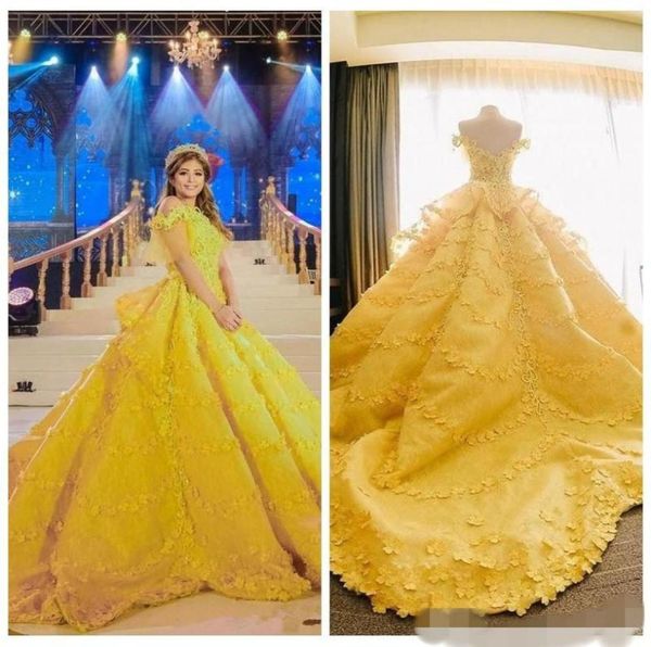 

gorgeoues bright yellow quinceanera dresses capped sleeves with 3d floral applique sweep train custom made sweet 16 party ball gow8769587, Blue;red