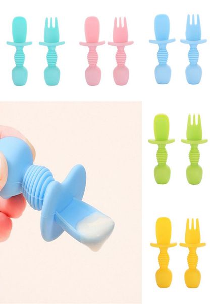 

utensil baby silicone spoon fork set feeding scoop teether tableware short handle cycle food grade ins dish plate5064467