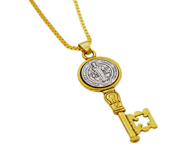 

st benedict medal cross key pendant necklaces men039s necklace 42x146mm antique silver exorcism and gold n1692 celtic catholic9414421