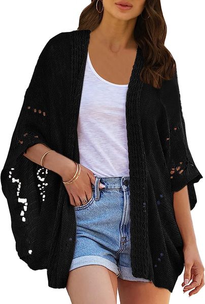 

crochet cardigan sweaters for women open front kimono batwing sleeve plain casual lightweight outerwear, White;black