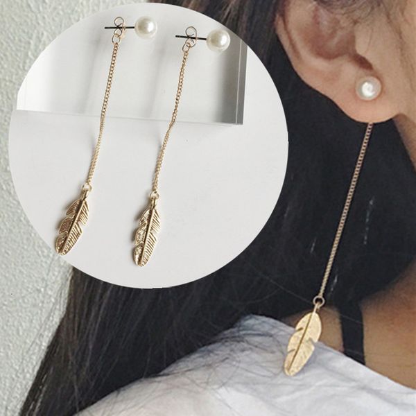 

stud long chain tassel earrings imitation pearl leaf drop dangle for women boucle d oreille party female statement jewelry 230714, Golden;silver