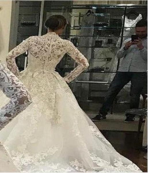 

elegant modest long sleeve 3d flowers lace wedding dresses high neck full appliqued covered buttons plus size bridal wedding gowns9020590, White