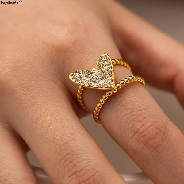 

fashion accessories stainless steel heart opening ring gold plated with zircon inlay fashionable and high-end female jewelry batch, Silver