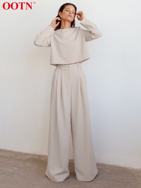 

women's two piece pants ootn autumn high waist wide leg pants office lady solid loose streetwear khaki trousers women elegant pleated l, White