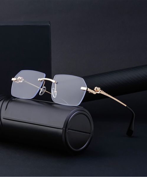 

innovative design for men's sunglasses rimless cut edge leopard mirror leg sunglasses for women retro style square frame driving sungla, White;black
