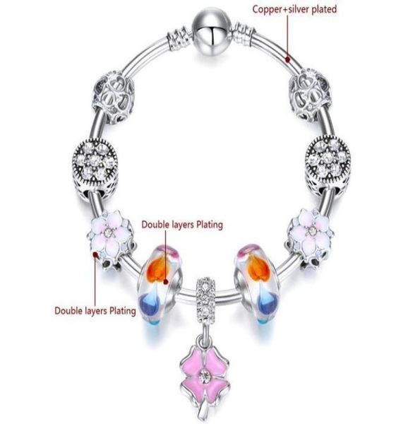 

rainbow lists alloy and silver plated big loose beads strands bangles diamond flower shape pink pendant pan style charms bracelets7187728, Black