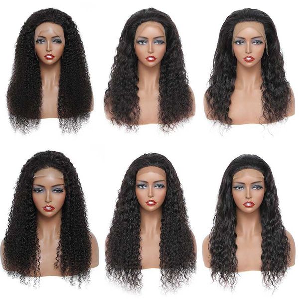 

straight human hair 4x4 lace closure wigs for women wholesale brazilian kinky curly body water deep wave 180% density 13x4 frontal wig, Black;brown