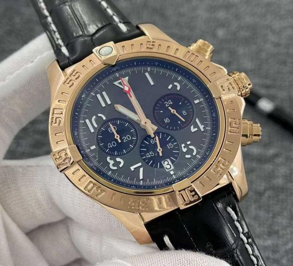 

luxury mens watch black dial japan super quartz chronograph 45mm avenger hurricane sea leather strap 1884 yellow gold steel case w8109995