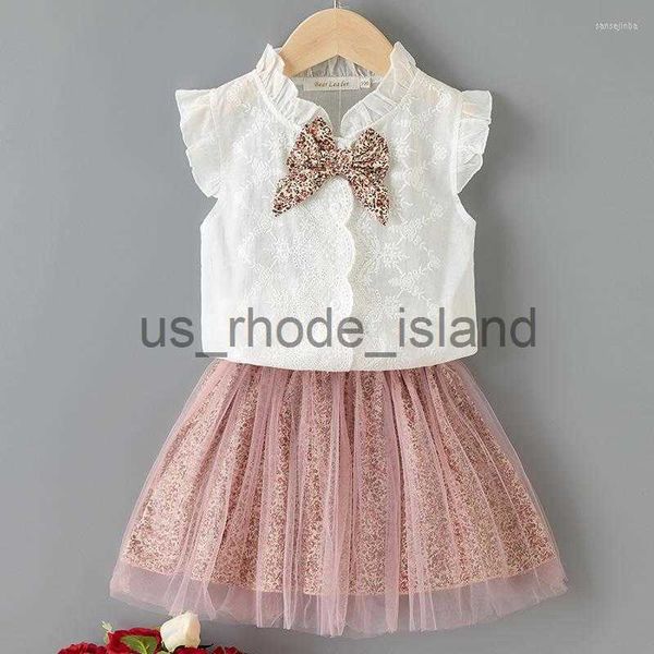 

t-shirts clothing sets summer sleeveless t-shirt lace print bow skirt 2pcs for kids girls 2023 baby clothes outfits x0714, Blue