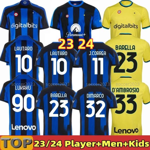 

4xl 23 24 lukaku inters lautaro milans soccer jerseys anniversary correa dzeko barella skriniar 2023 2024 brozovic home football shirt unifo, Black;yellow