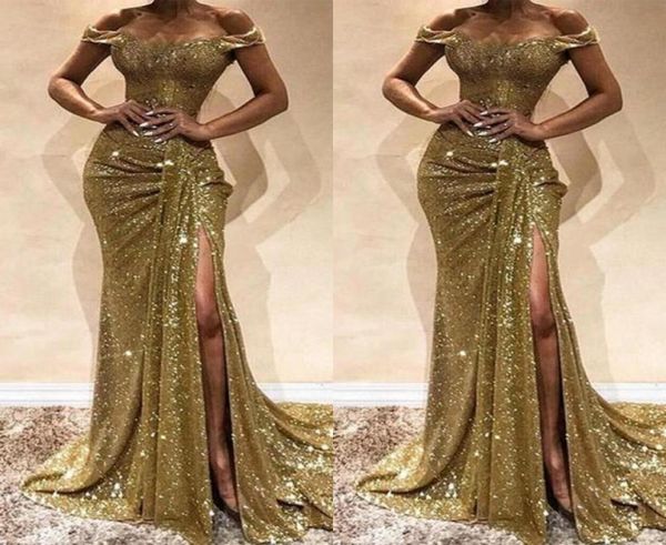 

bling bling sequin split prom dresses mermaid off the shoulder evening gowns ruffled skirt high slit zipper up back formal party1488128, Black